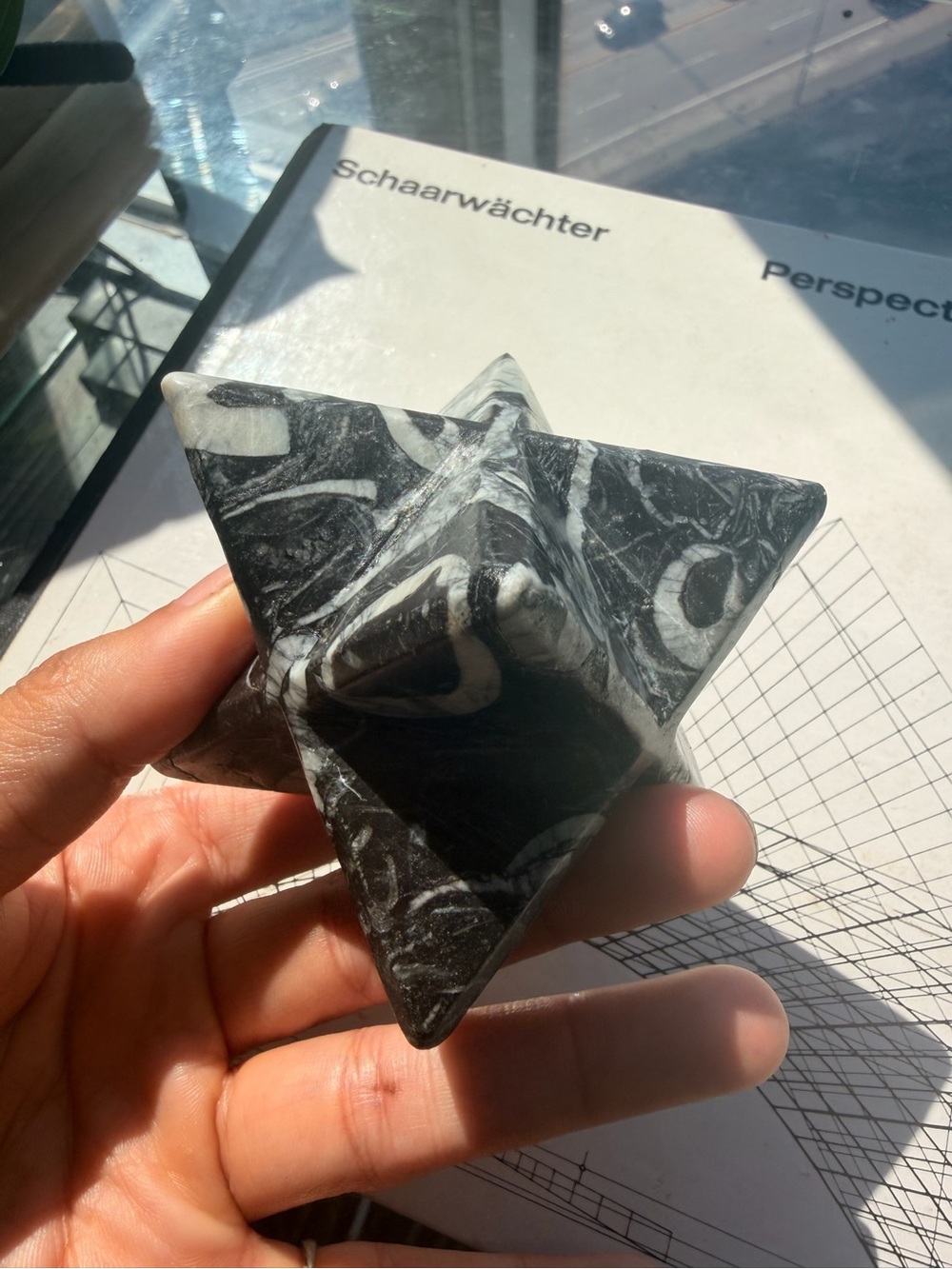 Black and White Marble Gemstone Merkaba - Large Polished Crystal Star - B&W